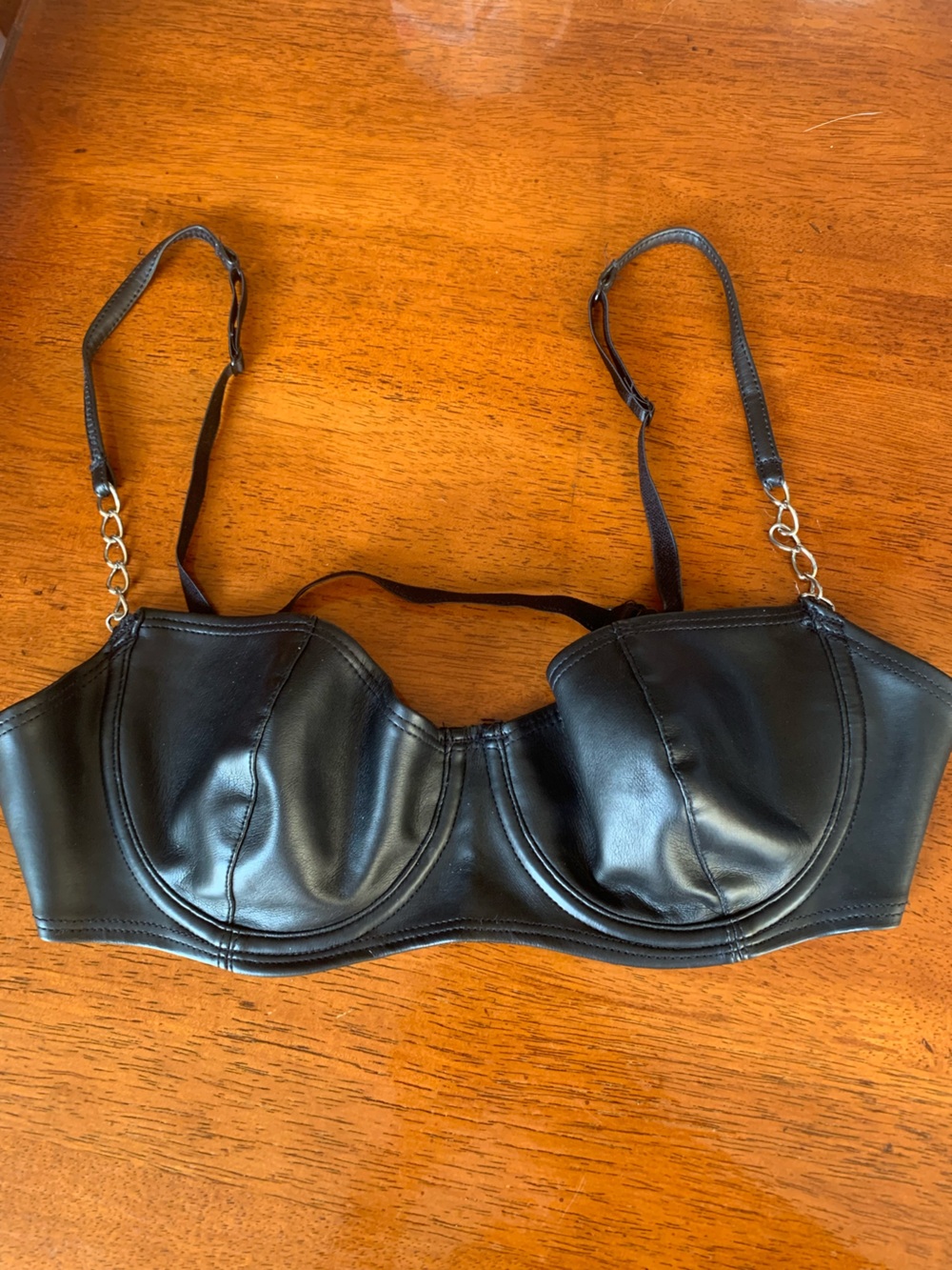Frederick's of Hollywood Black Faux Leather Underwire Bra with Chain Straps